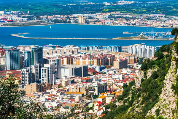 stock image View of Gibraltar town and Spanish coast across Bay of Gibraltar from The Upper Rock. UK