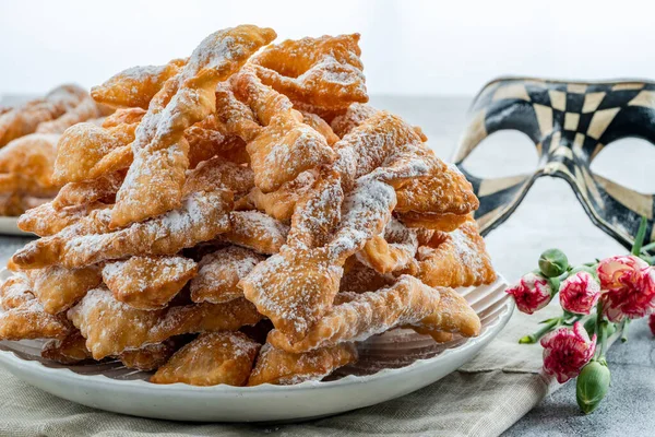 Traditional Italian Carnival Fritters Dusted Icing Sugar Frappe Chiacchiere — Stock Photo, Image