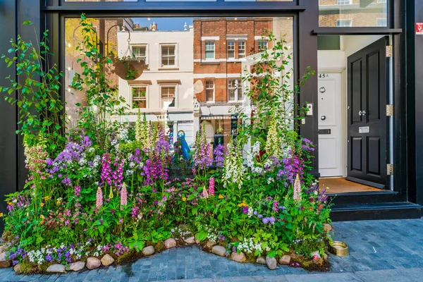 LONDON, İngiltere - 26 Mayıs 2023: Londra 'daki Bloom yıllık çiçek sergisi sırasında Chelsea' de bir mağazanın vitrinini muhteşem bir çiçek sergisi dekore etti