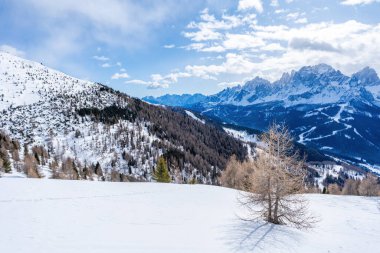 İtalya 'nın Kronplatz kentindeki Dolomitlerle kaplı kış manzarası