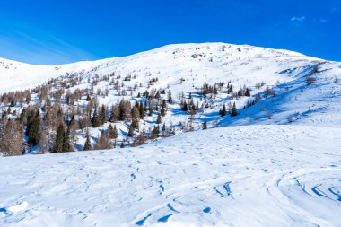 İtalya 'nın Kronplatz kentindeki Dolomitlerle kaplı kış manzarası