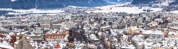 Široký Panoramatický Pohled Brunico Bruneck Jižní Tyrolsko Itálie Zimě Stock Obrázky