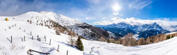 Wide Panoramic View Winter Landscape Snow Covered Dolomites Kronplatz Italy Stock Picture
