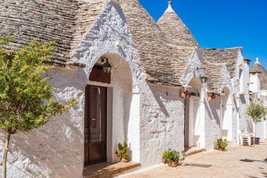 İtalya, Alberobello 'da konik çatıları olan ünlü tarihi kuru taş trulli evler..