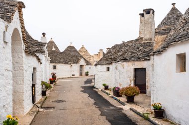 İtalya, Alberobello 'da konik çatıları olan ünlü tarihi kuru taş trulli evler..