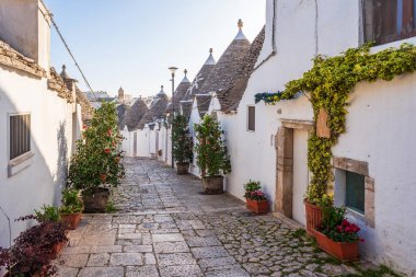 Alberobello, İtalya 'da konik çatıları olan ünlü geleneksel kuru taş trulli evler..