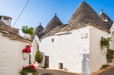 Alberobello, İtalya 'da konik çatıları olan ünlü geleneksel kuru taş trulli evler..