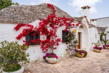 İtalya 'nın Alberobello şehrinde konik çatılı ünlü tarihi kuru taş trullo evi..