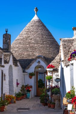 Alberobello, İtalya 'da konik çatıları olan ünlü geleneksel kuru taş trulli evler..