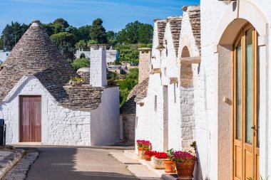 Alberobello, İtalya 'da konik çatıları olan ünlü geleneksel kuru taş trulli evler..