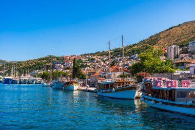 DUBROVNIK, CROATIA - 28 Haziran 2024: Gruz Körfezi 'nin karşısındaki Dubrovnik limanına bakın. Dubrovnik Limanı popüler bir gemi limanı ve her yıl bir milyondan fazla yolcu gemisi yolcuları için ana kapıdır.