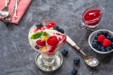 Taze meyve ve ahududu soslu vanilyalı dondurma.