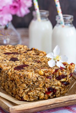 Yuvarlak yulaf, fındık, kuru kızılcık ve baldan yapılmış ev yapımı kahvaltı çubukları.