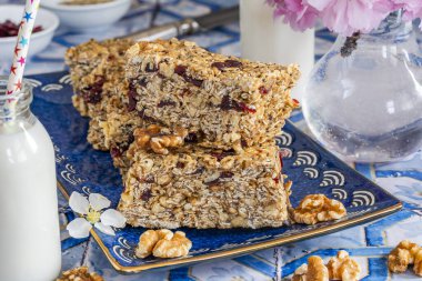 Yuvarlak yulaf, fındık, kuru kızılcık ve baldan yapılmış ev yapımı kahvaltı çubukları.