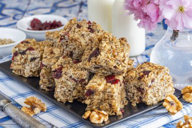 Yuvarlak yulaf, fındık, kuru kızılcık ve baldan yapılmış ev yapımı kahvaltı çubukları.