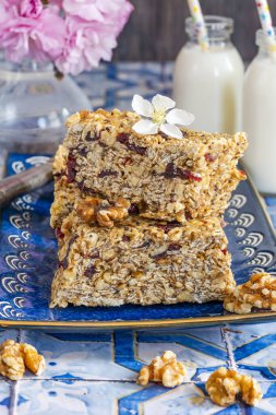 Yuvarlak yulaf, fındık, kuru kızılcık ve baldan yapılmış ev yapımı kahvaltı çubukları.