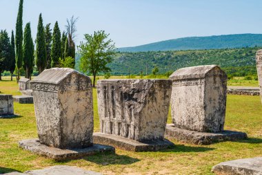 Bosna-Hersek 'in Stolac kenti yakınlarındaki bir ortaçağ anıtı olan Radimlja mezarlığında mezar taşları (stecci olarak bilinir)
