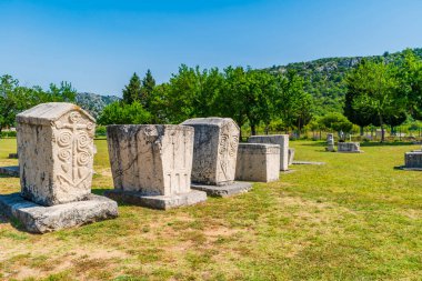 Bosna-Hersek 'in Stolac kenti yakınlarındaki bir ortaçağ anıtı olan Radimlja mezarlığında mezar taşları (stecci olarak bilinir)