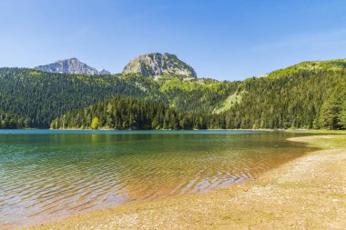 Kuzey Karadağ 'daki Zabljak Belediyesindeki Kara Göl' ün geniş panoramik manzarası