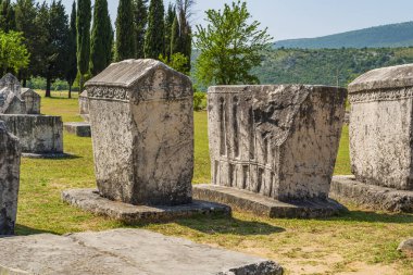 Bosna-Hersek 'in Stolac kenti yakınlarındaki bir ortaçağ anıtı olan Radimlja mezarlığında mezar taşları (stecci olarak bilinir)