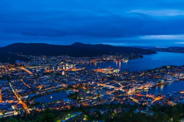 BERGEN, NORway - 16 AĞUSTOS 2025: alacakaranlıktaki Bergen çatıları manzarası. Bergen Norveç 'in en büyük ikinci kentidir ve uluslararası bir su ürünleri, denizcilik, off-shore petrol endüstrisi merkezidir..