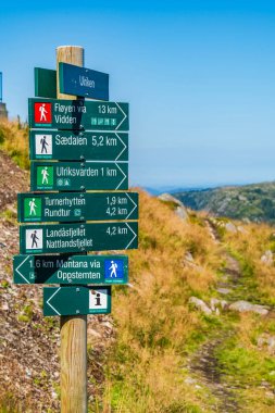 Norveç 'in Bergen kentindeki Ulriken Dağı' nda varış yerleri ve uzaklıklarla yeşil yol işareti