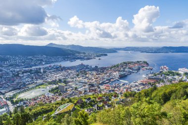 Bergen çatıları ve Floyen Dağı 'ndan fiyort manzarası, Norveç.