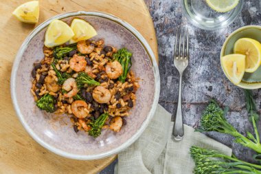 Chorizo and prawns rice with tenderstem broccoli