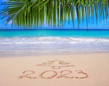 Yeni Yıl 2023 Yazılı. Palmiye dalı ve Karayip denizi olan güzel tropikal plaj.