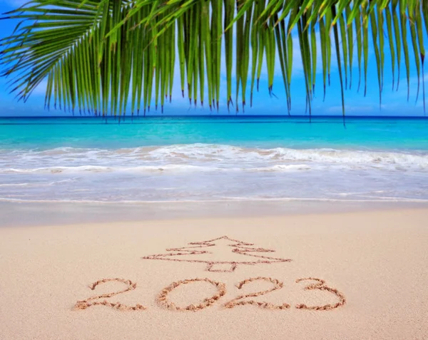 Ano Novo 2023 Inscrição Escrita Praia Tropical Bonita Com Ramo — Fotografia de Stock