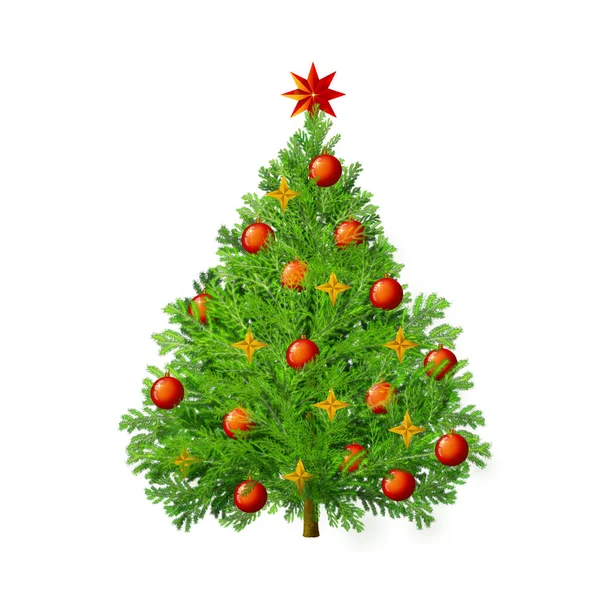 白い背景に赤い泡と金の星とクリスマスツリー — ストック写真