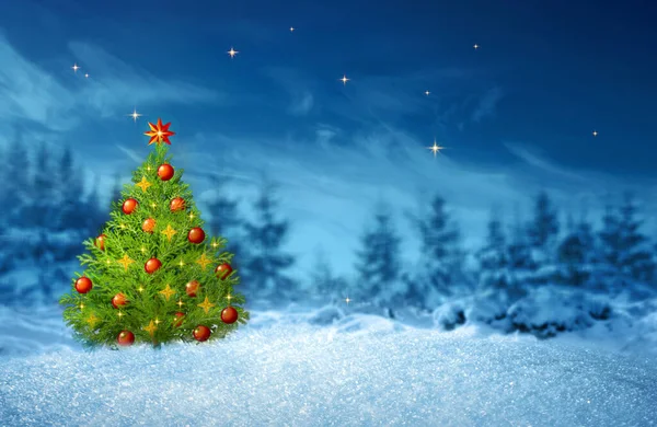 Árvore Natal Com Luzes Floresta Inverno Cartão Natal — Fotografia de Stock