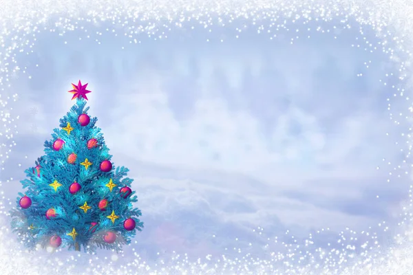 冬の森の中の光のクリスマスツリー クリスマスカード — ストック写真