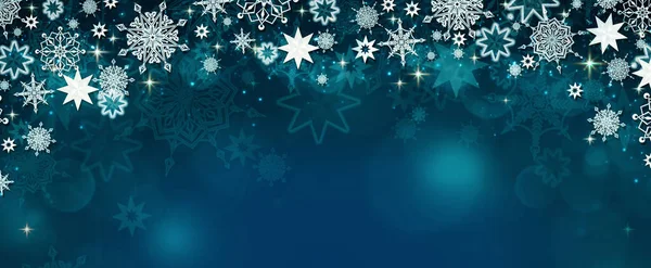 青い背景に雪の結晶が隔離されたクリスマスの背景 — ストック写真