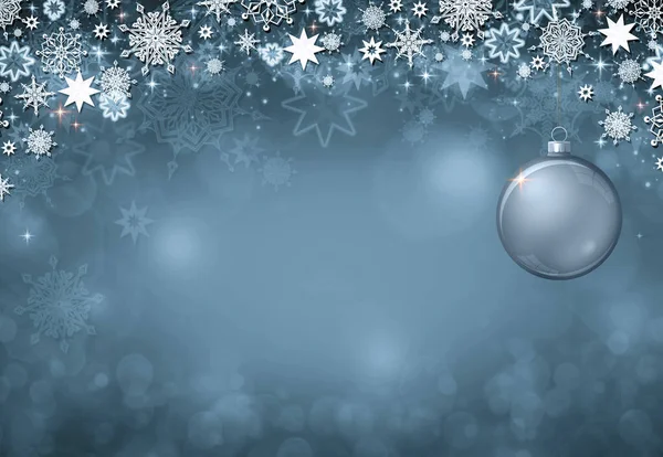 雪のフレームとグレーの背景に隔離されたクリスマスボールと冬の背景 — ストック写真