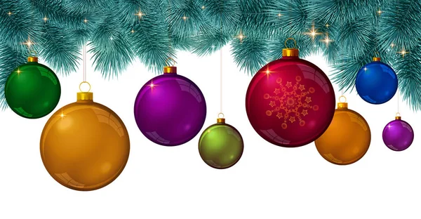 白に隔離されたカラフルなボールを持つモミの木の枝 クリスマスの背景 — ストック写真