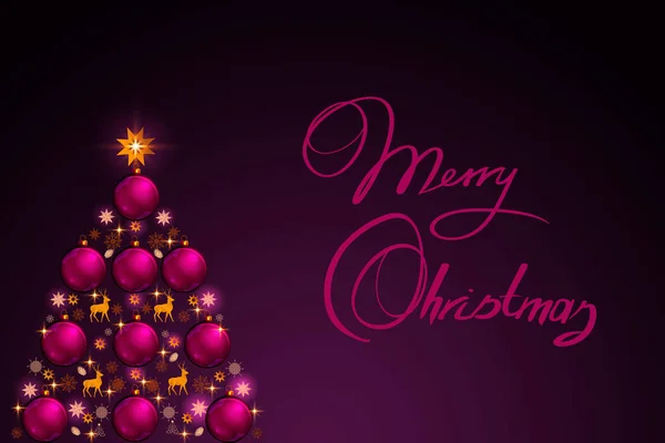 紫の上に隔離されたカラフルなモミの木とメリークリスマスの背景 — ストック写真