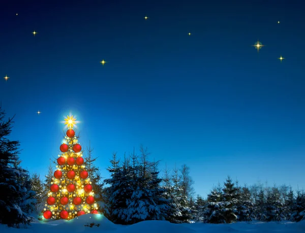 Karácsonyfa Fényekkel Téli Erdőben Csillagokkal Égen Karácsonyi Kártya — Stock Fotó