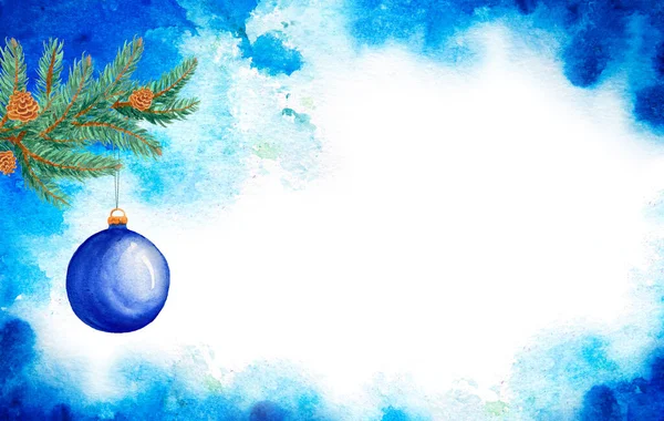 Blue Christmas Ball Wiszące Gałęzi Drzewa Izolowane Białym — Zdjęcie stockowe