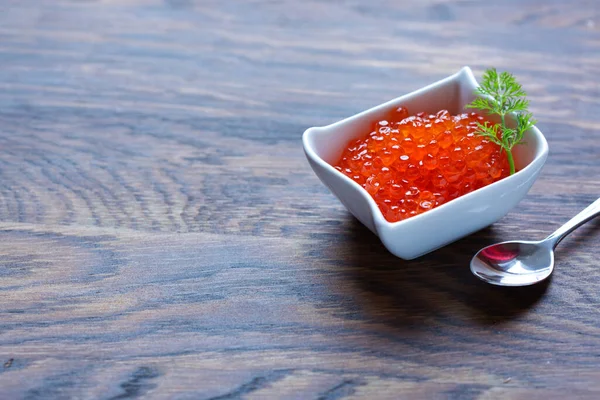 Red Caviar Bowl Wood Background Close Salmon Caviar — Stockfoto