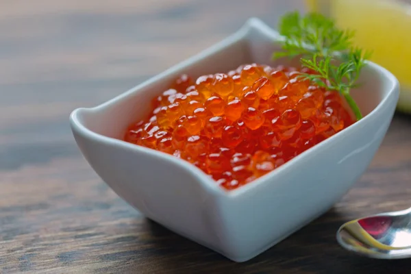 Red Caviar Bowl Wood Background Close Salmon Caviar — Stok fotoğraf