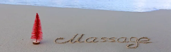 Word Massage Auf Den Sand Des Strandes Geschrieben Strand Und — Stockfoto