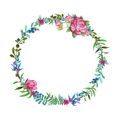 Çiçekler suluboya çelenk. Yuvarlak çerçeve beyaz arkaplanda izole edildi.