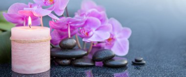 Gri arkaplanda pembe orkide çiçekleri ve spa taşları .