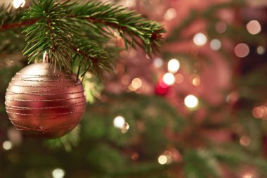Köknar ağacındaki altın noel balosuna yaklaş. Arka planda Bokeh çelenkleri.