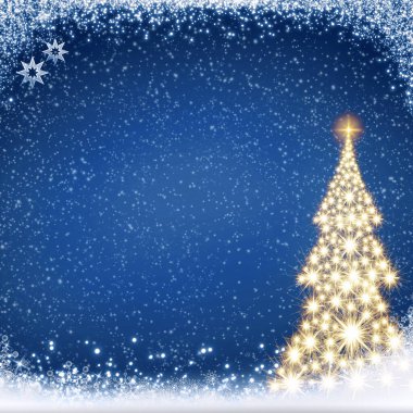 Beyaz kar arka planında Noel ağacı ve kar taneleri.