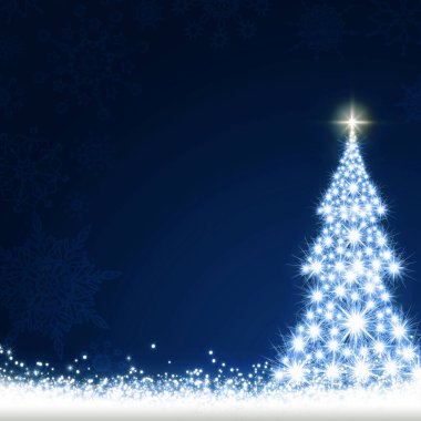 Mutlu Noeller ve mutlu yıllar kar üzerinde Noel ağacı ile.