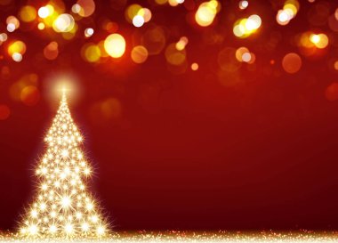 Kırmızı bokeh arka planında izole edilmiş ışıkları olan Noel ağacı.