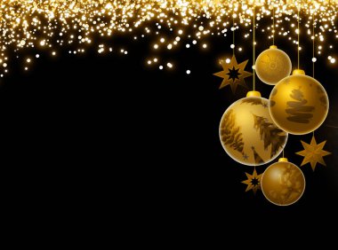 Golden Christmas balls and stars isolated on black background. clipart