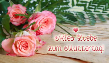 Mutlu Anneler Günü kartı Pembe güller ve güneş ışığı.